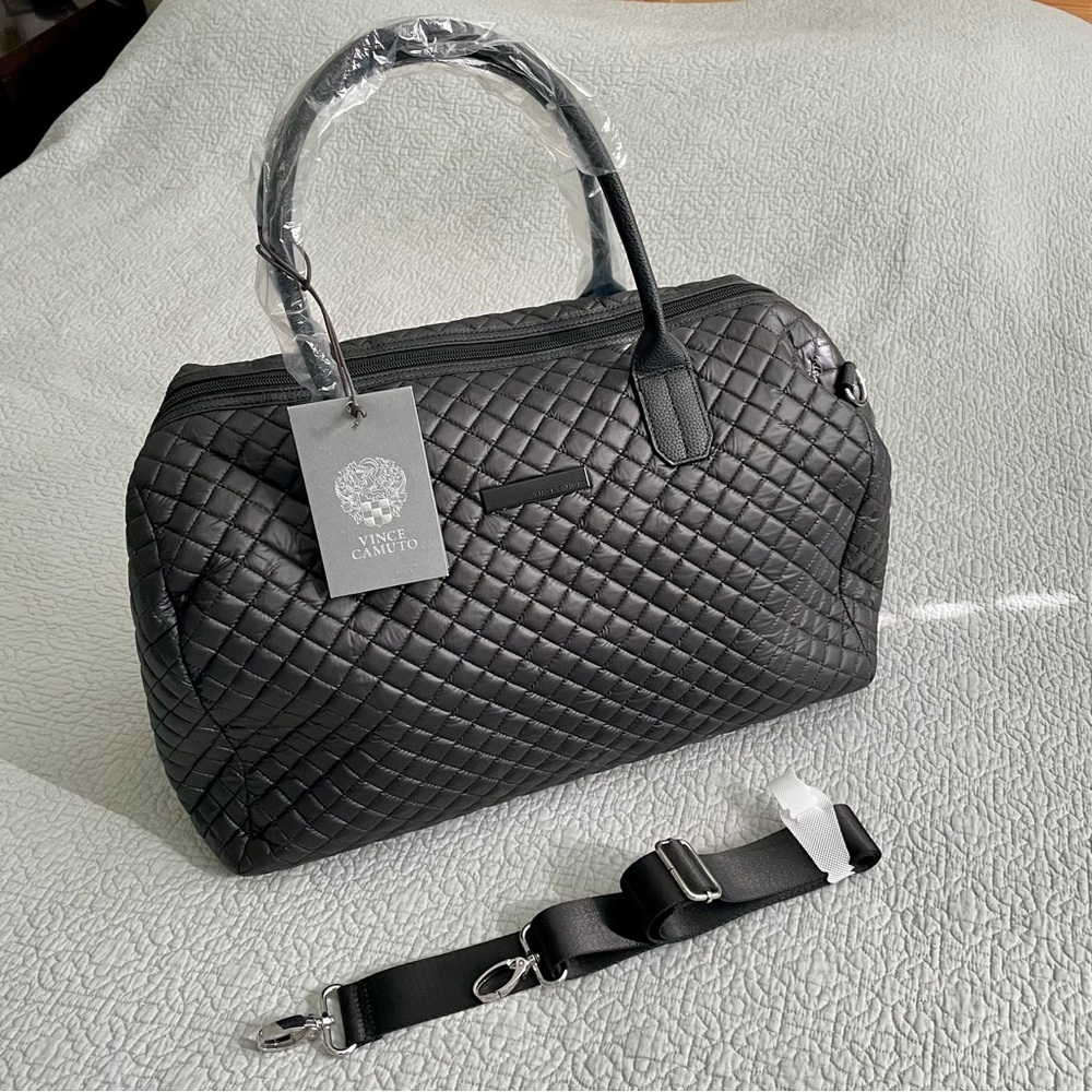 New Vince Camuto Black Quilted Overnight Travel Duffel Bag Detachable Strap NWT